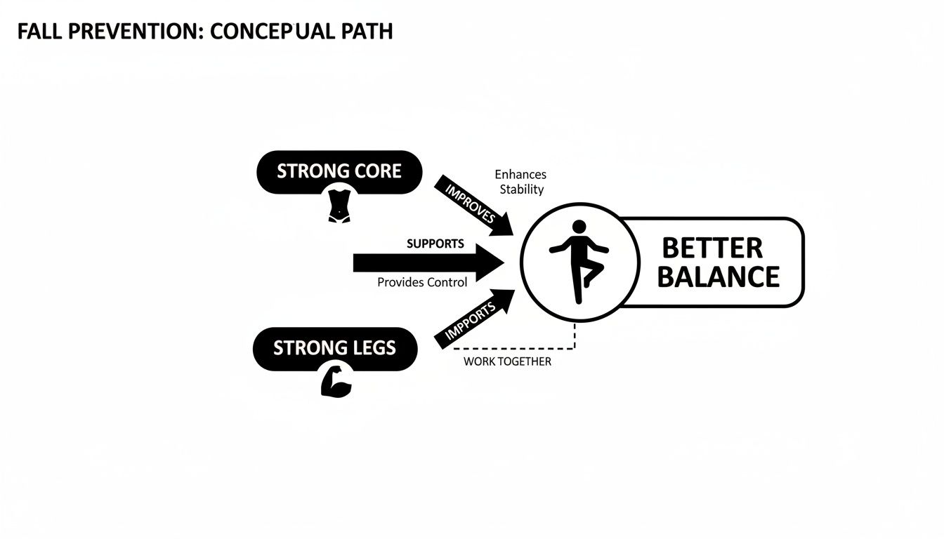 Conceptual diagram showing how a strong core and strong legs improve balance and stability for fall prevention.