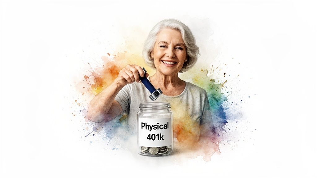 Smiling senior woman placing a dumbbell into a 'Physical 401k' jar, representing health investment.