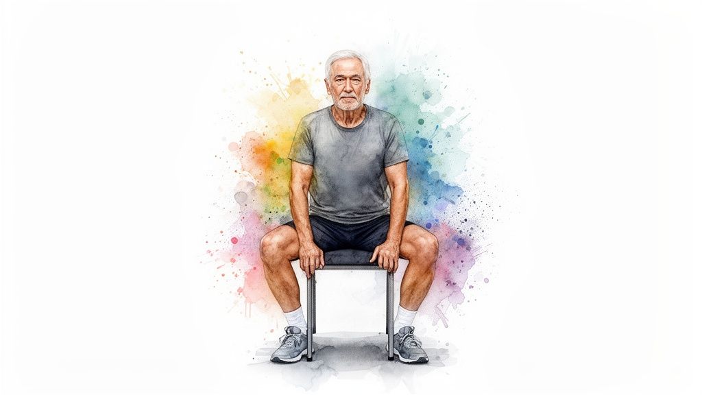 Senior man with white hair sitting on a chair, ready for strength training with a colorful background.