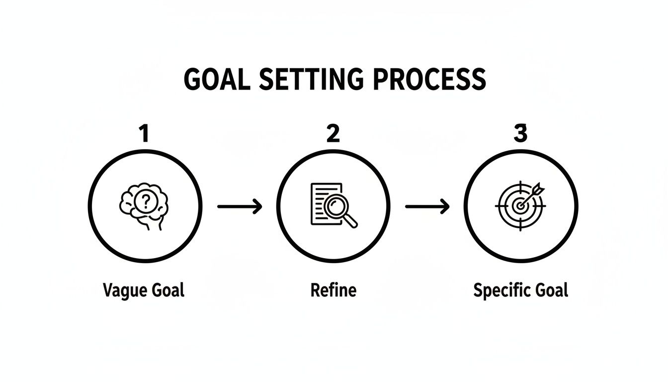 A three-step goal setting process diagram, moving from a vague goal to a specific goal.