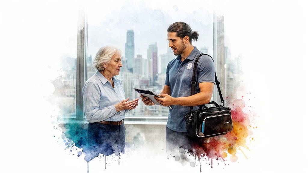 A male personal trainer assists a senior woman with a tablet in an apartment with a city view.