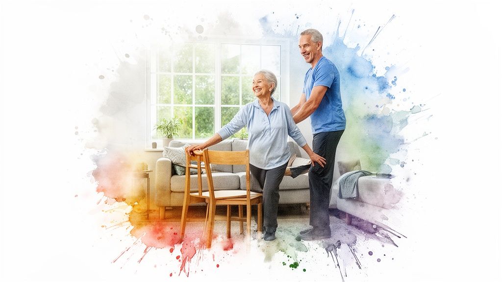 Happy senior woman doing exercises with a male personal trainer assisting her at home.