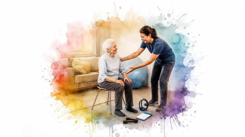 A smiling senior woman sits on a stool, receiving guidance from her in-home personal trainer.