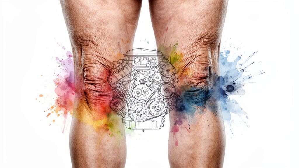 Human knees with an engine diagram superimposed, surrounded by colorful watercolor splashes.