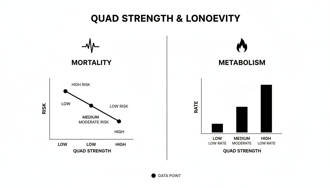 Two charts illustrating the positive correlation between quad strength and longevity metrics like mortality and metabolism.