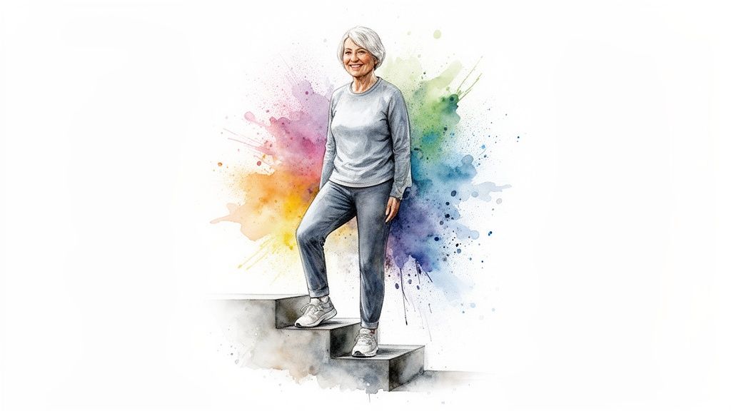 Smiling senior woman in activewear climbing watercolor steps, surrounded by colorful paint splashes.