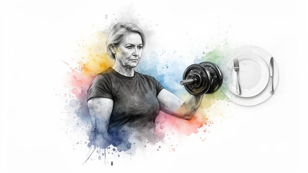 An older woman lifts a dumbbell, with colorful watercolor splashes and a plate with cutlery.