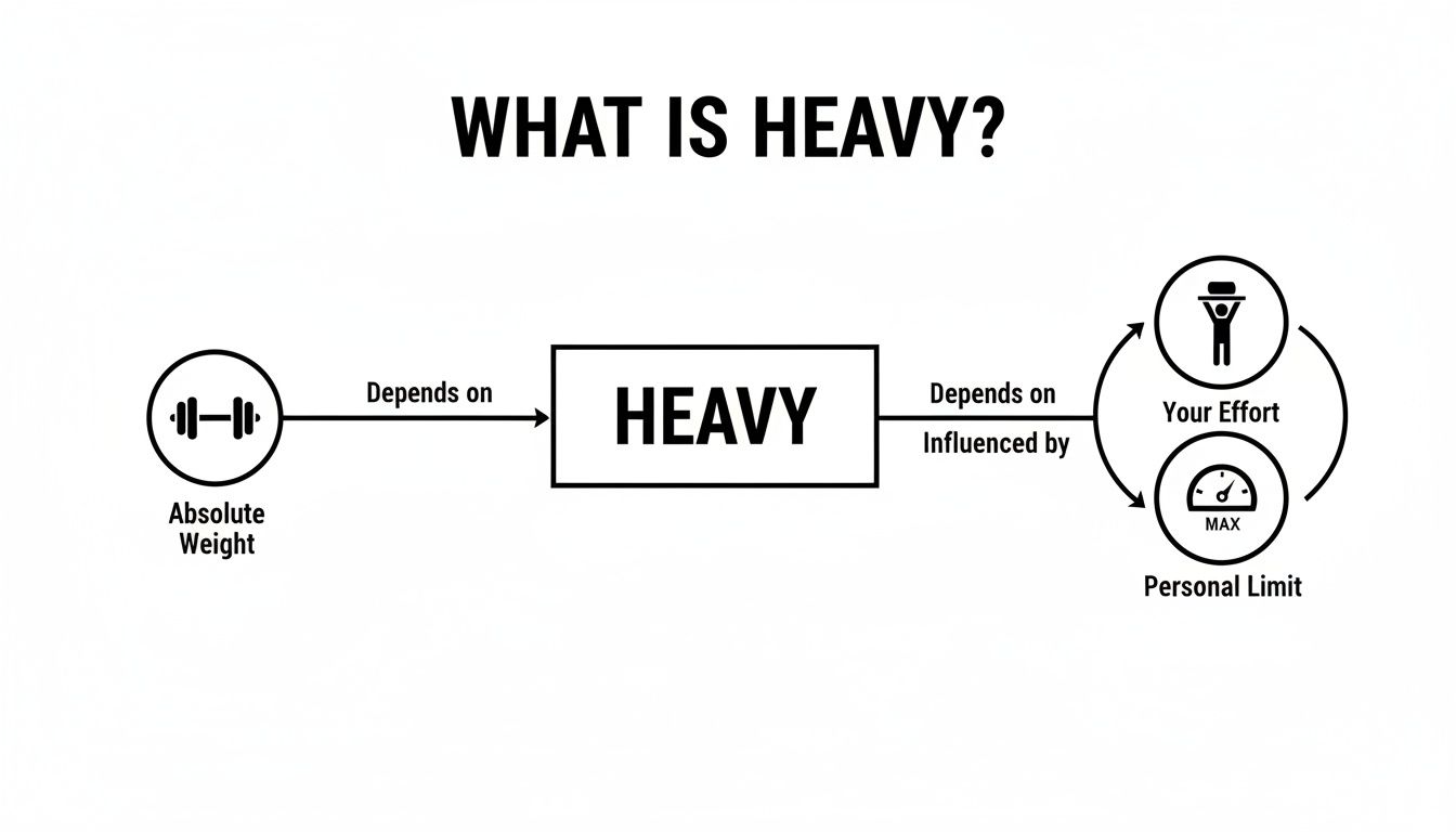 Flowchart defining 'heavy' based on absolute weight, personal effort, and individual limits in lifting.