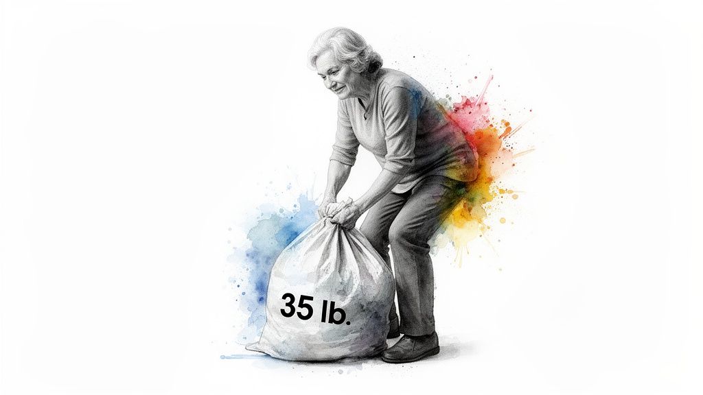 An elderly woman in a watercolor illustration style, bending to lift a white bag marked "35 lb."