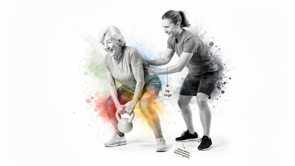 A smiling older woman practices a hip hinge exercise with a trainer's assistance, holding a kettlebell.