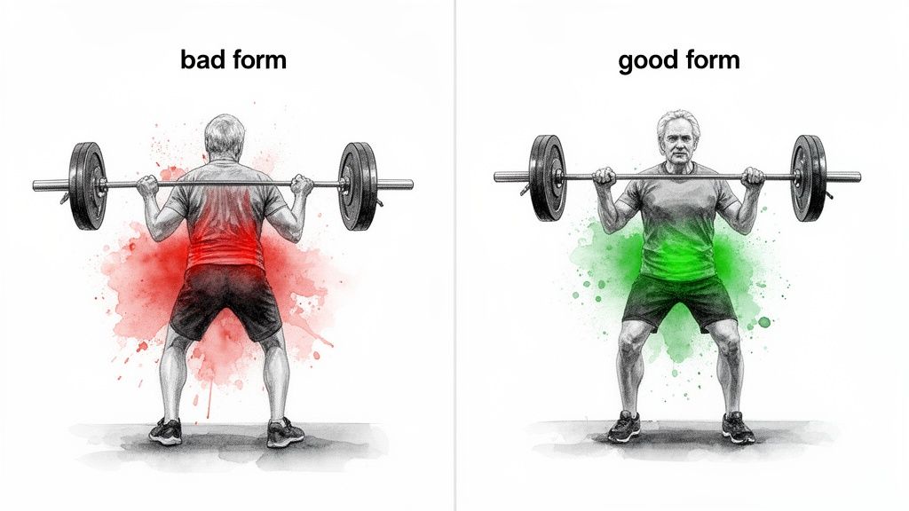 Illustration comparing a man performing a barbell squat with bad form (red back) vs. good form (green core).
