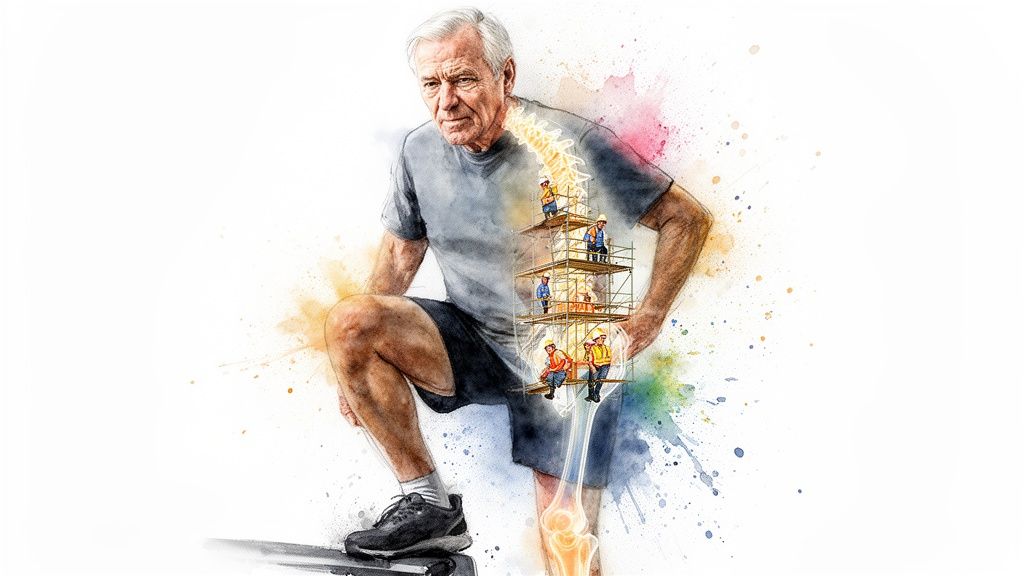 An older man exercising, with a visualized spine and knee under repair by tiny construction workers.