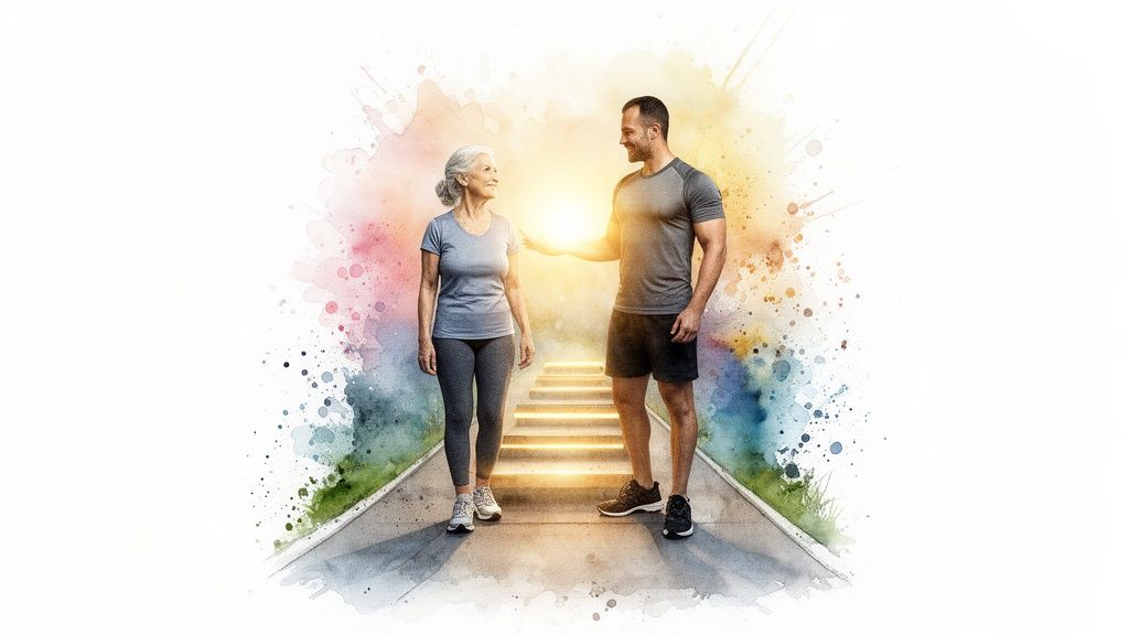 An older woman and a male personal trainer on a path with glowing light, symbolizing health guidance.