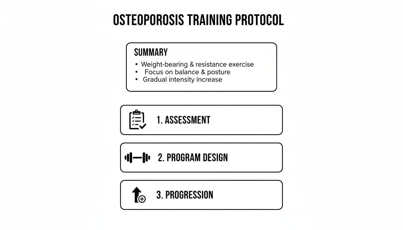 Osteoporosis training protocol infographic outlining summary points and three key steps: assessment, program design, and progression.
